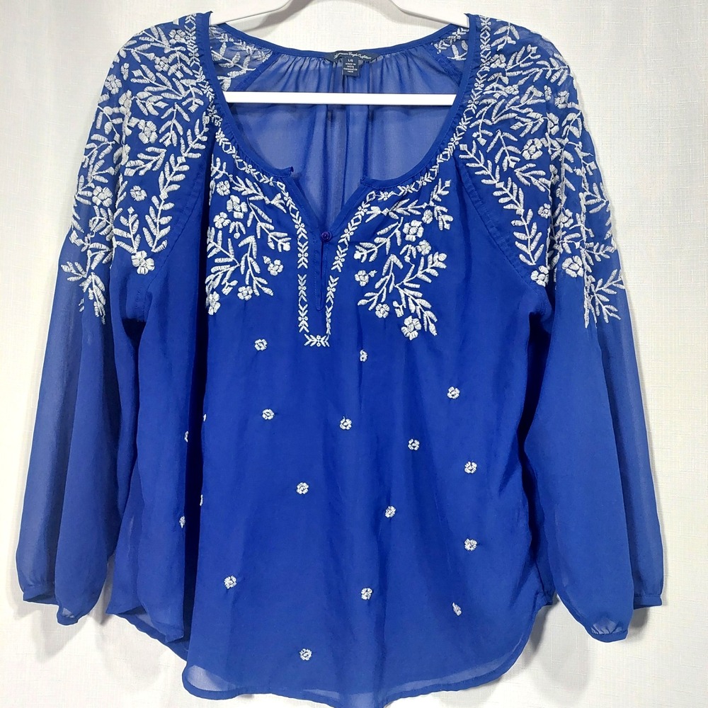 American Eagle Womens Large Sheer‎ Blouse Boho Peasant Embroidered "Flaw"
